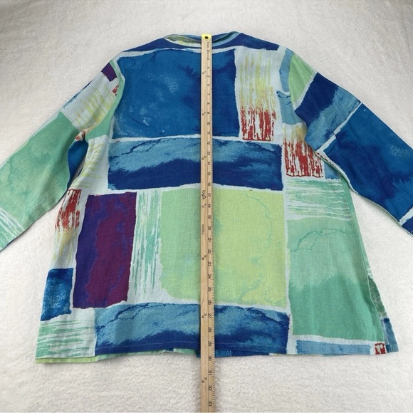 Ali Miles Green Blue Artsy Print Blouse Linen Lagenlook Button Front Top Size XL - Picture 11 of 11